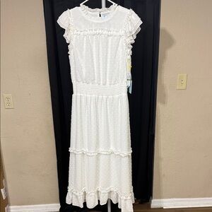CeCe White Ruffle Midi Dress ruffles and polkadots! Waist stretch. PTP 20